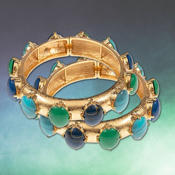 Byzantine Inspired Stone Gold Dipped Stretch Cuff Bangle Bracelets SET of 2 - Picture 7 of 11